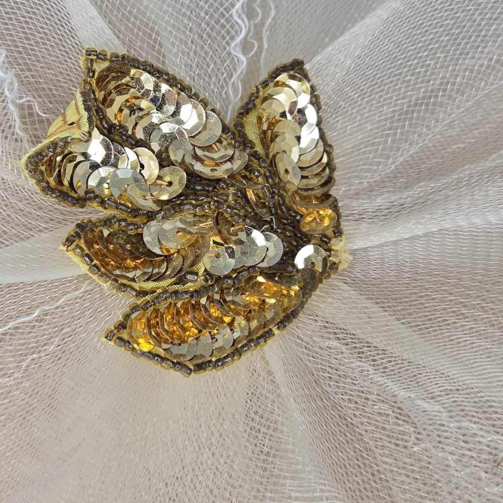 Vtg Bollman 100% Wool Doeskin Felt Wide Brim Hat Tan Neutral Tulle Sequins Glam - Picture 6 of 9